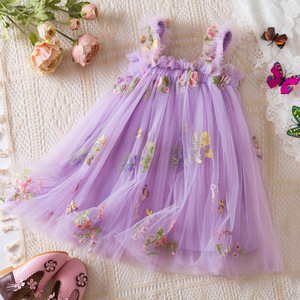 Robe de princesse personnalisée pour enfants avec broderie florale, robe en maille à bretelles et manches volantées pour filles, robe de fête d'anniversaire douce et moelleuse, vente en gros - Product Image 6