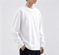 T-shirt à manches longues pour homme en coton 220 g/m², col rond, poignets côtelés, ourlet droit, uni, pour le quotidien, à superposer, t-shirt vierge