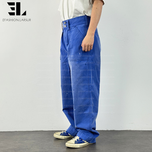 LARSUR Custom Factory Sun Faded Duck Canvas Chore French Blue Utility Fatigue Work Pants Straight Tactical French Work <strong>Trousers</strong> - Product Image 4