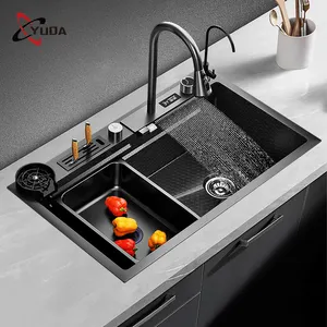 New Trend Digital Display Handmade Smart Waterfall Multifunction Kitchen Sink Black Nano Double Bowl Kitchen Sink
