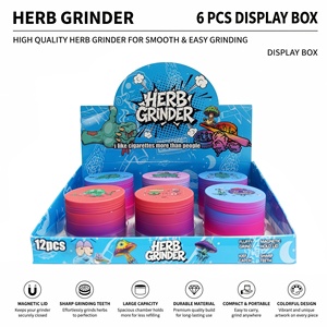 <b>Herb</b> Grinder 6 Pcs Display <b>Box</b> Round Plastic Magnetic Lid Sharp Teeth Colorful Design for Smooth Grinding - Product Image 1