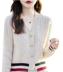 Personnalisé 100% Laine Pull Cardigan Rayé Automne Streetwear Décontracté À Manches Longues Tops Tricoté Mode Femmes Cardigan