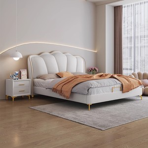 <span class=keywords><strong>Letto</strong></span> Matrimoniale King-Size con Rivestimento in Pelle Morbida, Stile Crema, Arredamento Camera da <span class=keywords><strong>Letto</strong></span>, Struttura in Legno Massello, Design Semplice - Product Image 2
