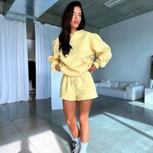 <b>Unisex</b> Oversized Hoodie Shorts Set Solid Yellow Fleece Casual 3-Piece Winter 100% Cotton Eco-Friendly - Product Image 1