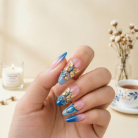 Nouvelles fleurs 3D bleues plaquées or à pointes longues pour patchs d'art ongulaire