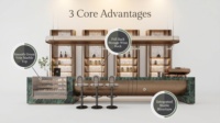 Meuble mural de bar intégré avec vitrine, panneau arrière en marbre blanc, étagère en verre, bande LED, colonne cannelée, personnalisable pour hôtel, OEM