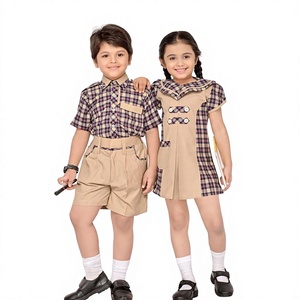 Ensemble robe et chemise en coton tissé pour écoliers, garçons et filles, motif à carreaux, couleurs beige et marron - Product Image 4