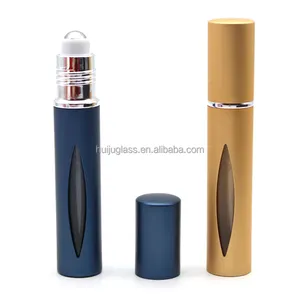 Pemasok paket kosmetik, botol kaca minyak esensial aluminium warna-warni dengan bola roll-on, botol saku parfum 10ml