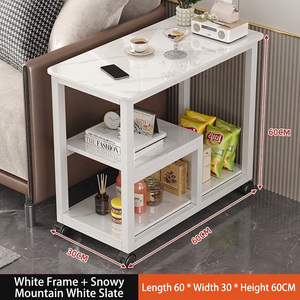 Petite table basse moderne en faux marbre blanc avec rangement asymétrique et roulettes - Product Image 5