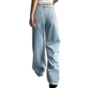 Jeans Rectos Casuales de Mezclilla con Bolsillos y Bordado de Lazo, con Logotipo en la Cintura, para Mujer, los Más Vendidos - Product Image 3