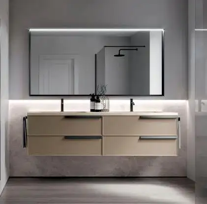 Armoire de rangement temporaire en mélamine, armoire de lavabo de salle de bains avec tiroirs, étagères laquée avec miroir éclairé et incurvé