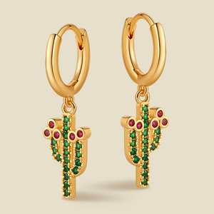 Pendientes de Aro con Diseño de Cactus y Circonitas Cúbicas en Oro de 18K para <span class=keywords><strong>Mujer</strong></span>, Lindos Pendientes de Aro con Circonitas Cúbicas Verdes y Rosas, Ideales para el Verano y las Vacaciones - Product Image 2