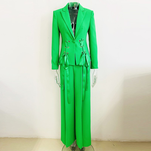 Traje de Dos Piezas <span class=keywords><strong>Verde</strong></span> <span class=keywords><strong>Lima</strong></span> Vibrante para Mujer, <span class=keywords><strong>Blazer</strong></span> Entallado con Cuello de Solapa, Cierre de un Solo Botón y Lateral con Cordones Atractivos - Product Image 2