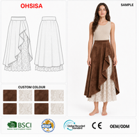 Jupe midi en daim pour femme, patchwork de dentelle, style vintage asymétrique, coupe trapèze, style western pour l'Europe et l'Amérique