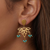 Boucles d'oreilles pendantes haut de gamme pour femmes, style ethnique bohème, en forme d'éventail, incrustées de turquoise, creuses, plaquées or, vente en gros