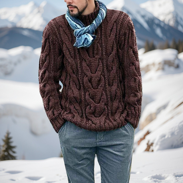 Men's Heavyweight Mock Neck Cable Knit Sweater Chunky Braided Twist Pattern Knitted Pullover Autumn Winter Warm Jumper Knitwear