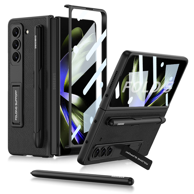 PU Leather Phone Case with Tempered Glass for Samsung Z Fold 4 Fold 5 Phone Camera Cover with Pen Slot