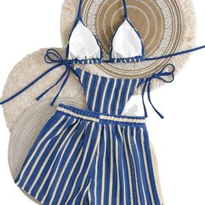 Conjunto de Traje de Baño de Tres Piezas a Cuadros de Ganchillo para Mujer, Ajuste Regular, Spandex/Algodón, Bikini Cruzado con Cuello Halter, Ropa de Playa para Natación - Product Image 5