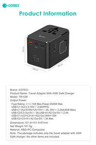 Sạc nhanh COTECi 45W GaN PD QC <span class=keywords><strong>3</strong></span>.0 <span class=keywords><strong>3</strong></span> trong <span class=keywords><strong>1</strong></span>, bộ chuyển đổi EU/US sang EU/US, ổ cắm châu Âu, bộ sạc du lịch, bộ chuyển đổi phích cắm đa năng - Product Image 6