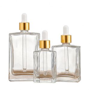 30ml 50ml 100ml Rectangle Clear Glass Serum <b>Dropper</b> <b>Bottles</b> Skin Care Essential Oil Gold Sliver Bamboo Cap Screen Printed Custom - Product Image 3
