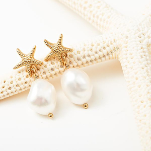 Moda perla brillante chapado en oro lindo diseño de estrella de mar pendientes mujeres 925 gota colgante perla pendiente joyería regalo - Product Image 6