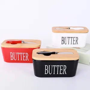 Nordic Style Custom Porcelain Butter Dish Keeper Container Food Storage Butter Box with Bamboo Lid and Knife