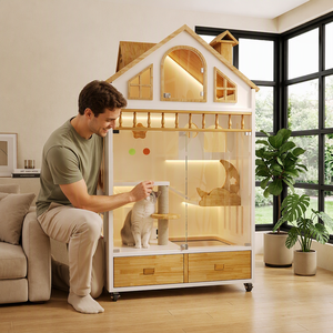 Casa de Lujo para <span class=keywords><strong>Mascotas</strong></span> de Dos Niveles, de Una Pieza, Móvil, Impermeable y Cálida, Villa Moderna Retro de Madera Maciza para Gatos con Bandeja Sanitaria para Sala de Estar - Product Image 2