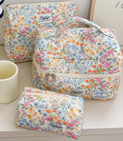 Ensemble de 3 trousses de toilette portables grande capacité, motif floral, personnalisables avec logo, en coton matelassé léger