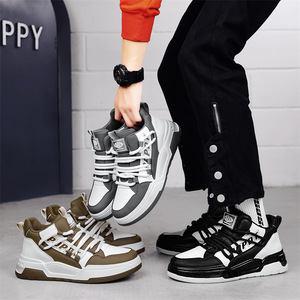 High Top Men's Sneakers Solid <b>Round</b> Toe Lace Up Synthetic Upper Rubber Outsole <b>Cushioned</b> EVA Midsole Autumn Casual Shoes - Product Image 4