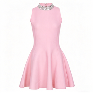 Nuovo Abito da Sera Retrò, Vestito Corto Lavorato a Maglia con Collo all'Americana, Dettagli in Mattoni e Pietre, Vestito da Donna Senza Maniche Slim Fit e Vaporoso - Product Image 2