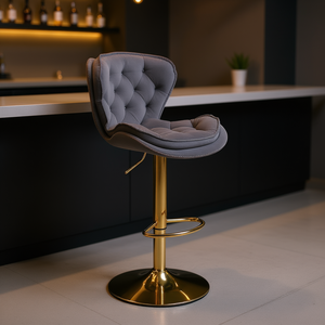 Taburete de Bar de Terciopelo Gris con Patas Doradas, Giratorio, Altura Ajustable, Diseño Moderno para Muebles Comerciales de Bar - Product Image 2