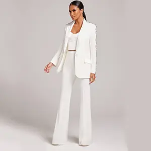 फ्रेंच रेट्रो शैली महिलाओं 2 टुकड़े आकस्मिक स्फटिक रंगीन जाकेट सूट सफेद एकल बटन नोकदार कोट सीधे पैर पैंट सेट