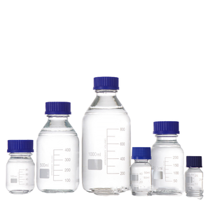 Botella Redonda de Laboratorio de Vidrio Borosilicato de 250 ml con Tapa de Rosca Azul para Almacenamiento de Medios y Reactivos - Product Image 1