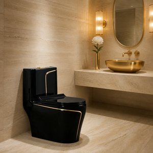 WC Integrato Nero Lucido con Decorazione a Scacchi Dorati, Design a Doppio Scarico, Materiale Ceramico con Sedile a Chiusura Morbida - Product Image 2
