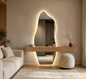 Heavenly <b>Mirror</b> Irregular Shape Wall Mounted LED Touch Switch Wooden <b>Frame</b> Minimalist Design Makeup <b>Mirror</b> Home Bathroom - Product Image 5