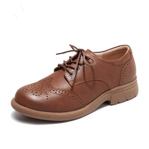 Luxurious <strong>Brown</strong> <strong>Brogue</strong> Leather Flats for <strong>Women</strong> Deep Mouth Soft Bottom Casual Style Top Cowhide Spring British Autumn Winter - Product Image 1