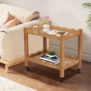 Solid Rubberwood Rolling Side Table 2-Tier Lockable Wheels Removable Tray Sturdy Durable <b>Bar</b> Cart Nightstand <b>End</b> Table - Product Image 2