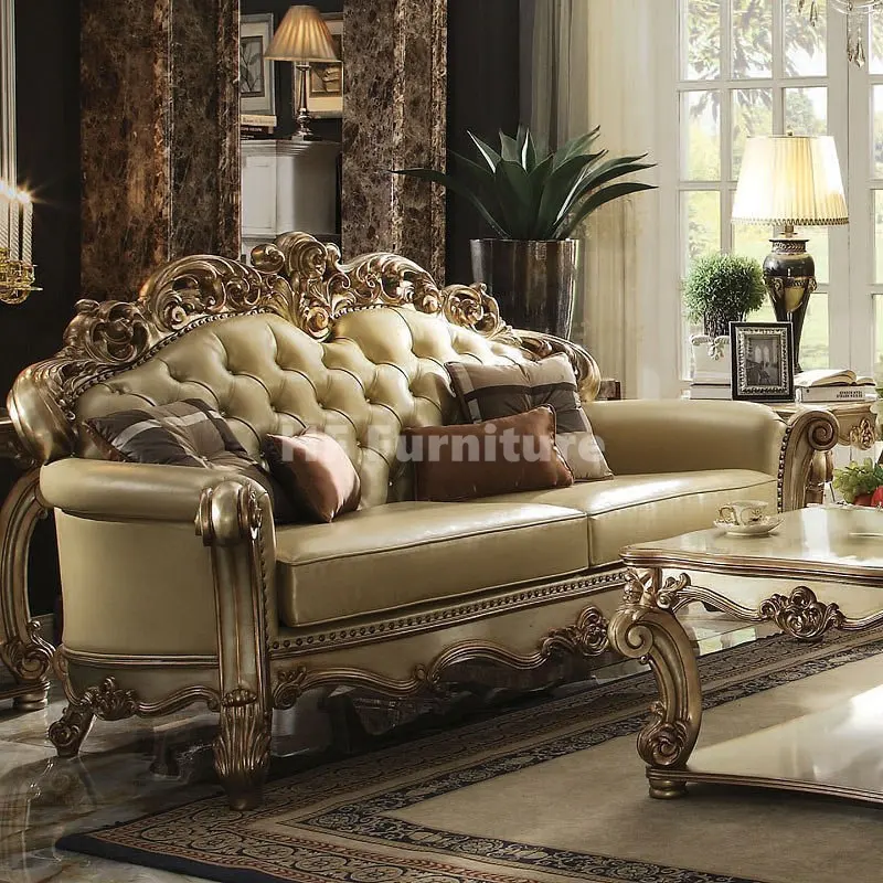 Set Sofa gaya Amerika kayu padat ruang tamu, Set Sofa kulit mewah Eropa untuk furnitur rumah