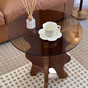 Mesa Auxiliar de Estilo Retro Francés con Pétalos, Mesa de Centro de Madera Maciza con Vidrio Templado en Forma de Ola, Redonda de 50 cm de Diámetro, Moderna para Sala de Estar - Product Image 2