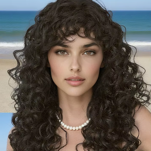 วิกผมลอนยาวแบบเซ็กซี่สำหรับผู้หญิง ผมหยักศกสีดำ หน้าม้าตรง ปิดผมได้ทั้งศีรษะ ทำจากเส้นใยทนความร้อนสูง - Product Image 5