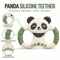 Anneau de dentition pour bébé en silicone Panda, motif visage mignon, poignée double boucle, texture bambou, qualité alimentaire, sans couture, prise en main facile, jouet de dentition, vente en gros OEM