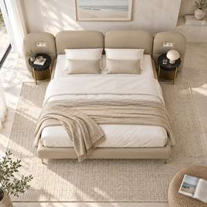 Lit de luxe avec tête de lit multi-coussins en tissu, structure en bois massif de bouleau russe, mousse haute résilience, pieds en métal, matelas de 1,8 m - Product Image 2