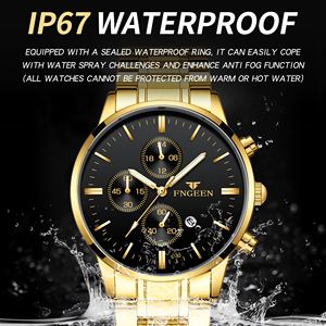 Montre à quartz pour homme FNGEEN, cadran rond en acier inoxydable doré, aiguilles lumineuses, 3 cadrans secondaires, étanche 30m, style professionnel et tendance - Product Image 3