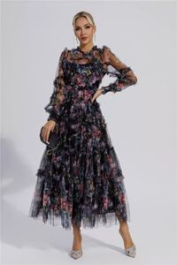 Maxi <span class=keywords><strong>abito</strong></span> floreale in <span class=keywords><strong>Organza</strong></span> a manica lunga Casual Casual elegante personalizzato da donna inverno 2024 - Product Image 4