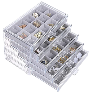 Custom Logo Jewelry Organizer Wooden Base Transparent Showcase with 5 Gray Velvet Trays, Ring Earring Necklace Storage Holder - Product Image 1