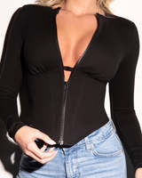 Body gainant personnalisé pour femme à manches longues, fermeture éclair avant, laçage arrière, style corset