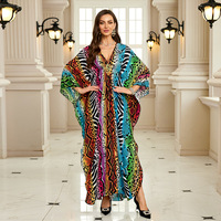 Robe longue ample en coton imprimé pour femme, col en V, style kaftan, idéale pour la plage ou comme paréo de bain