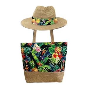 ชุดกระเป๋าถือและหมวกของผู้หญิงสำหรับเดินทางชายหาดพิมพ์ลายแบบคู่สำหรับฤดูร้อนสไตล์มัลดีฟส์