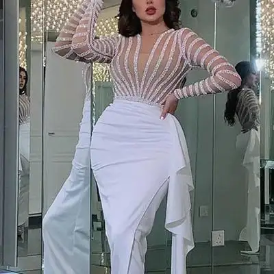 De Nieuwe 2021 Vrouwen Witte Avondjurk Sexy V-hals Strakke Billen Party Dress