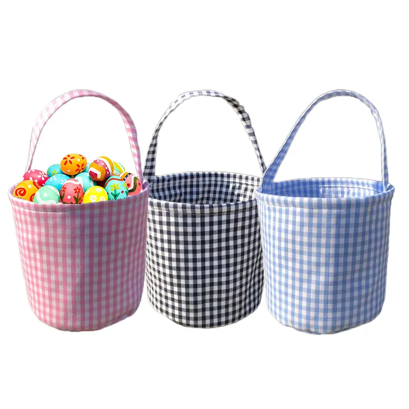 2023 Wholesale Gingham Easter Basket Festival Gift For Kids Party Treat Decor Eggs Hunting Tote Bag Plaid Easter Bucket